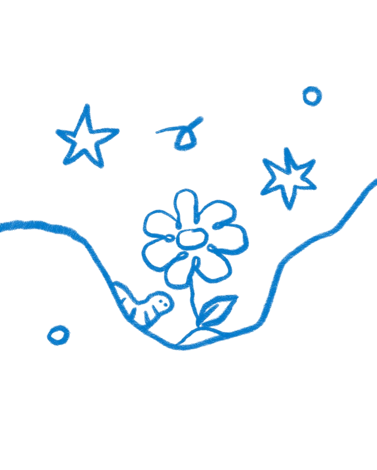 A crayon doodle of a flower, a caterpillar and stars — the first drawing on the wall